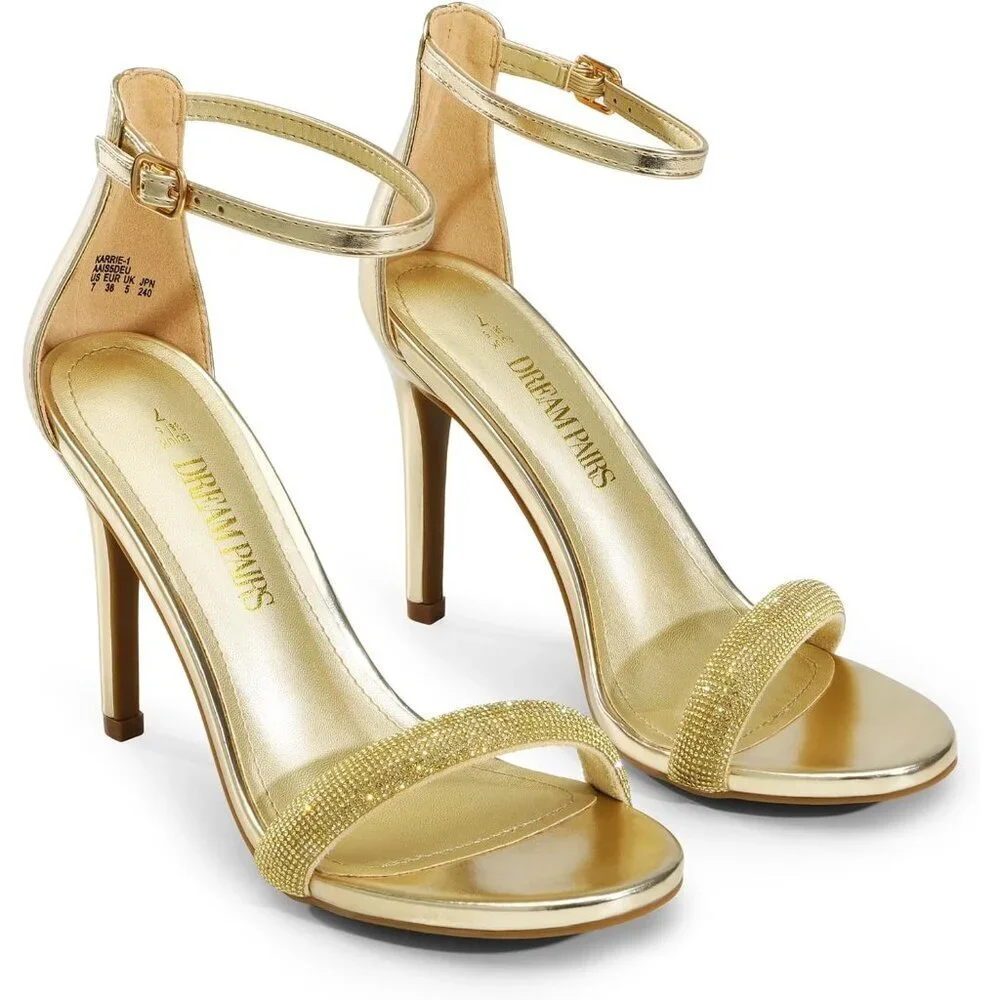Women's Gold-Rhinestone Flower Ankle Strap Stiletto Round Open Toe Stylish Heel